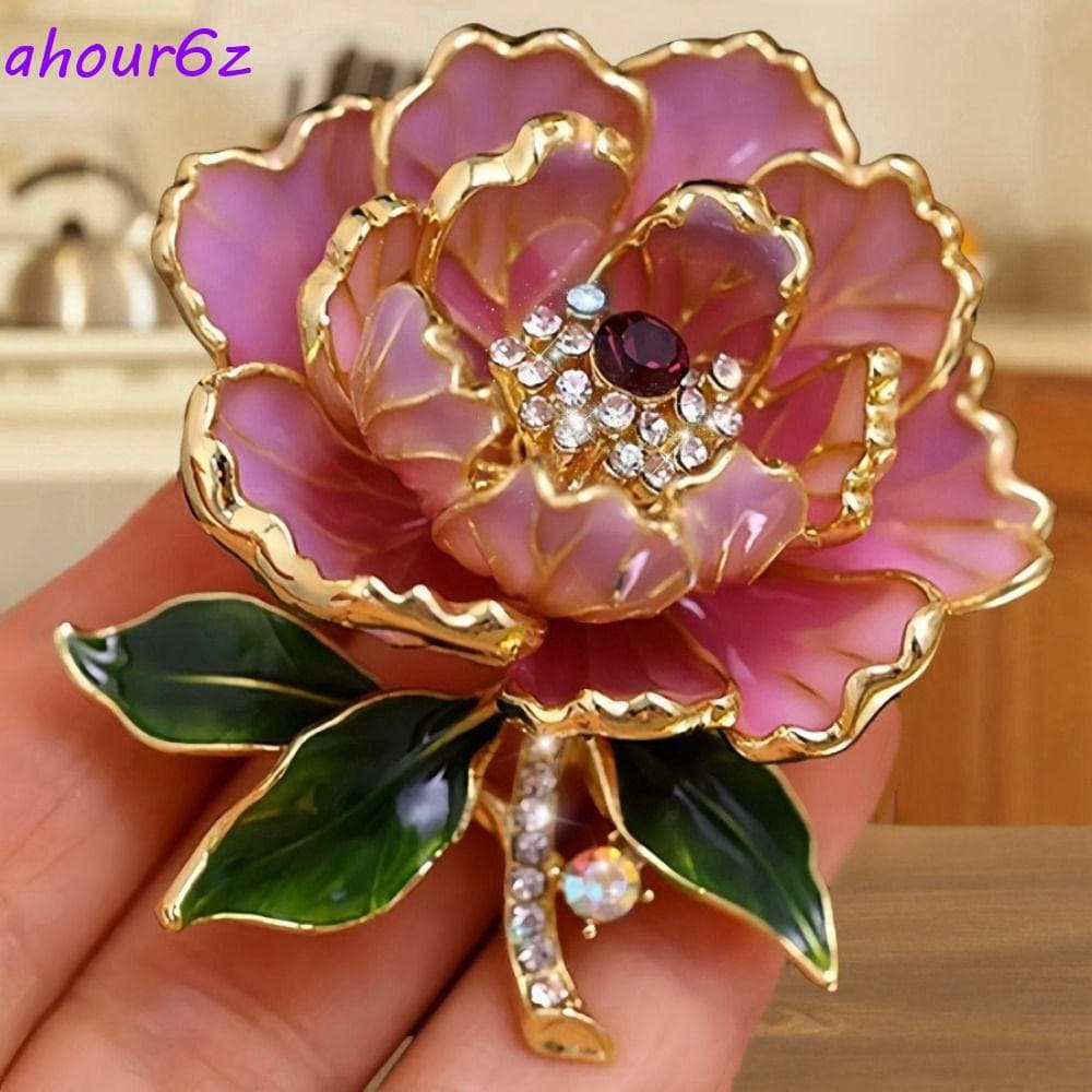 Broches De Flores AHOURZ , Alfinetes De Broche De Peônia De Strass Rosa , Alfinete Delicado De Esmalte De Flor Grande