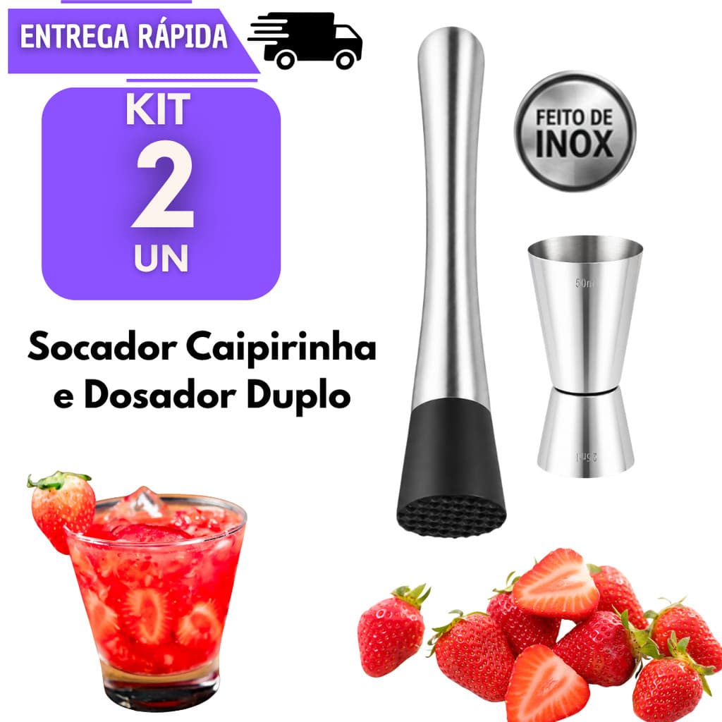 Kit Caipirinha 2 Socador e 2 Dosador Duplo Bebidas Inox 25ml 50ml Drinks Coquetel Combo Bar Barman Macerador Bebida