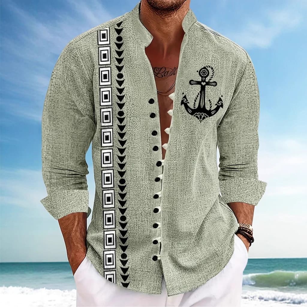 Moda masculina estilo étnico gola alta camisa Casual de manga comprida