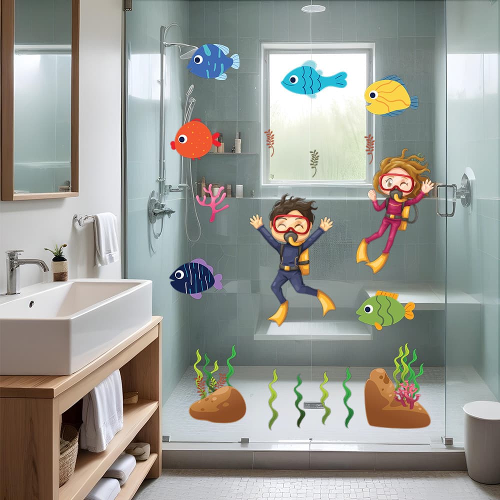 Adesivo Box de Banheiro e Parede Infantil Nadadores Oceano