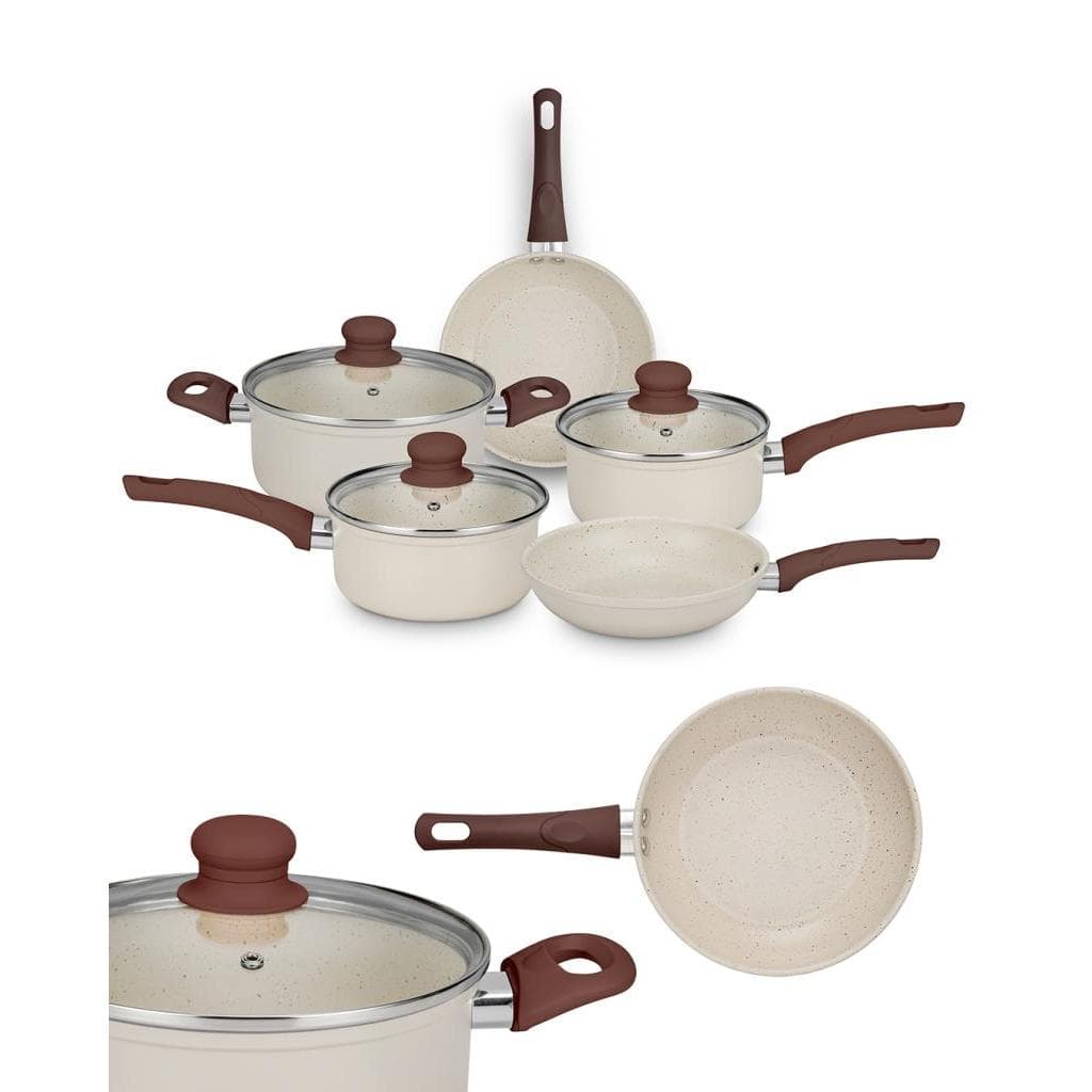Conjunto Panelas Serena MTA 5 Peças Antiaderente Indução Revestimento Cerâmico Tampa Vidro Cozinha