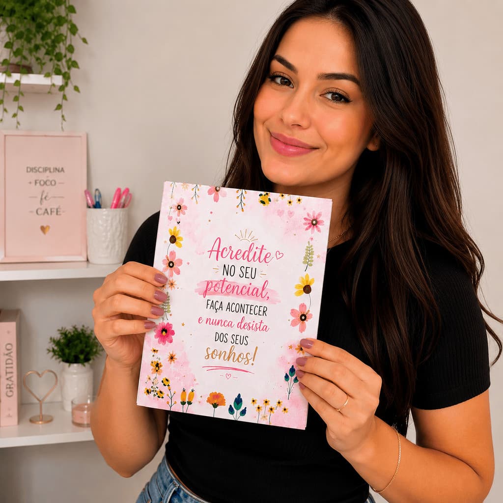 Caderno Pautado Flowers A5 200 Páginas Espiral Capa Dura Motivacional Feminino Personalizado