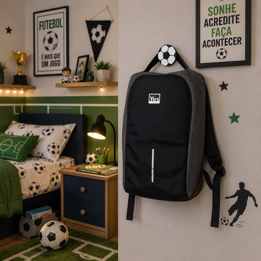 Gancho de Parede Bola de Futebol Organizador Quarto Suporta Mochila - Fixação com Parafuso