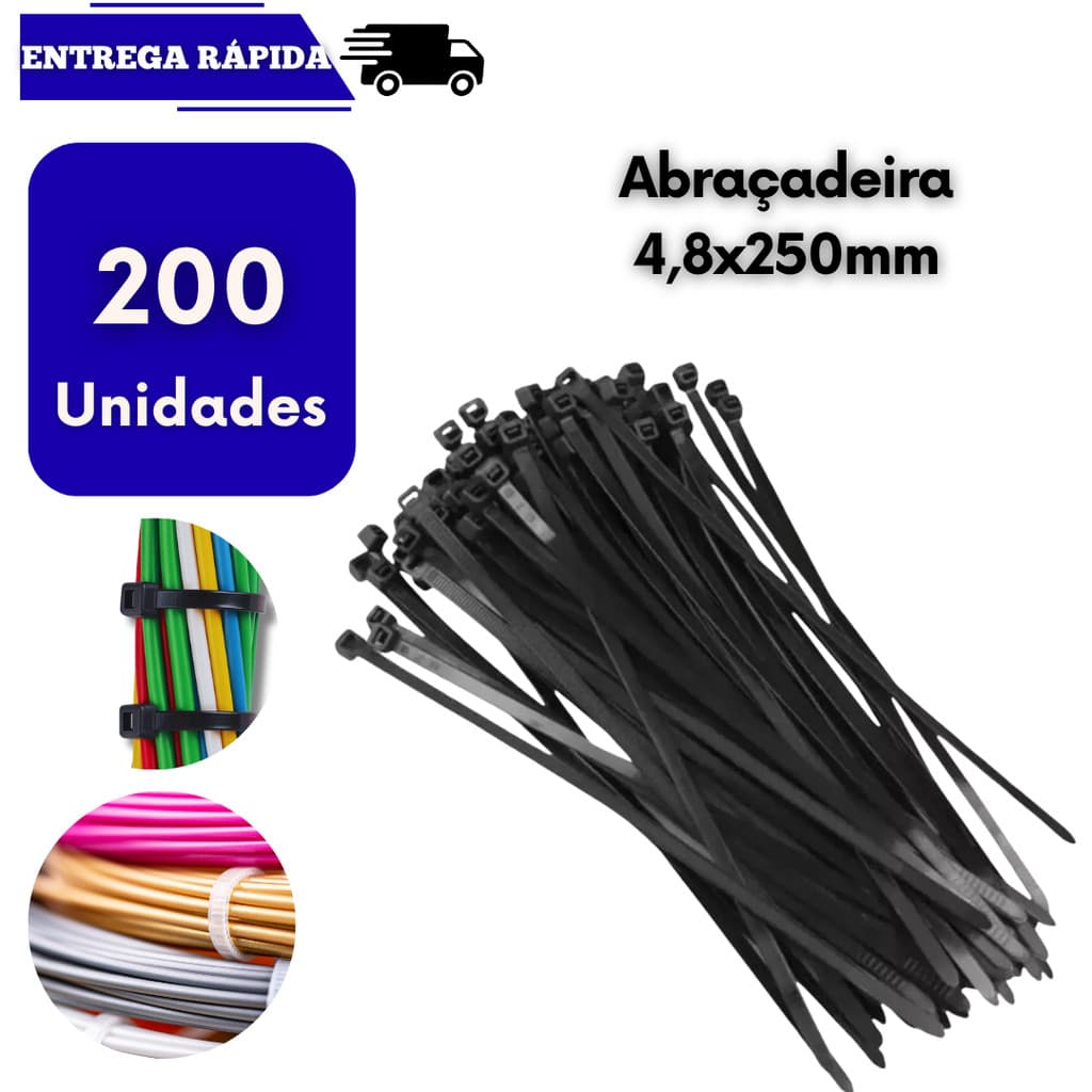 Conjunto 200 Abraçadeiras Plástica Nylon 25cm Preta Enforca Gato Forte Multiuso Cinta Plastica Abraçadeira Manutenção