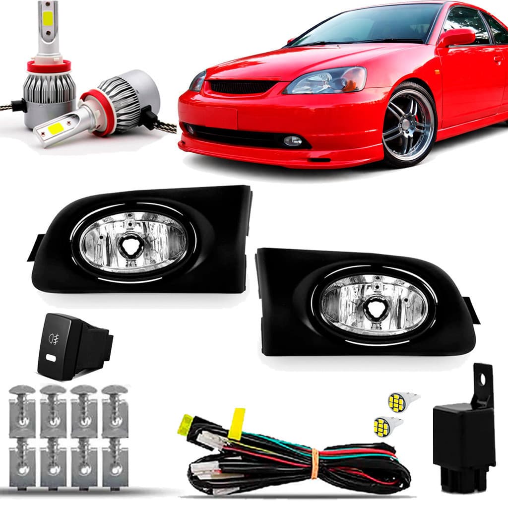Kit Farol Milha Neblina Auxiliar Farolete Cibie Completo Civic 2001 2002 2003 + Moldura Preta Original Super Led 6000K