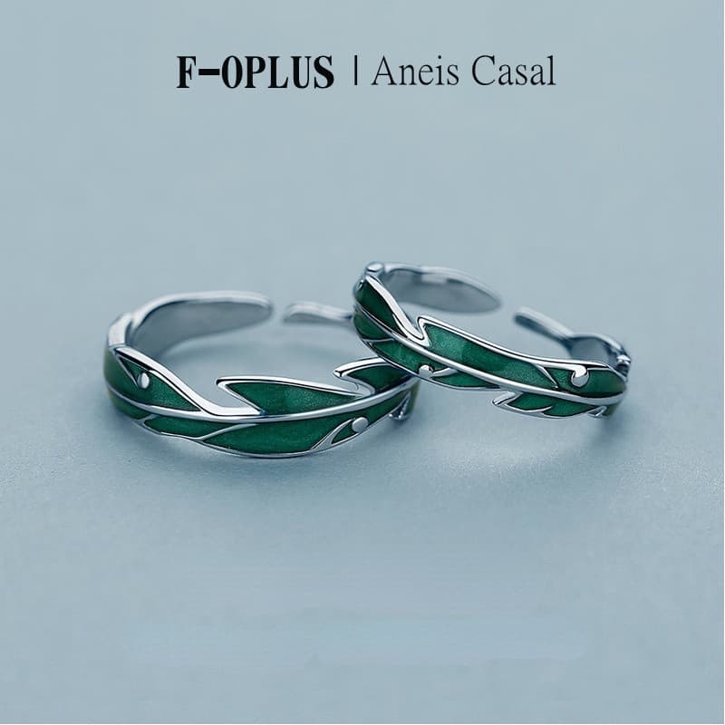 F-OPLUS |     Anéis de Casal Ajustáveis da Aliança Folha Verde, Anel de Compromisso com Caixa CRC101 V1AS