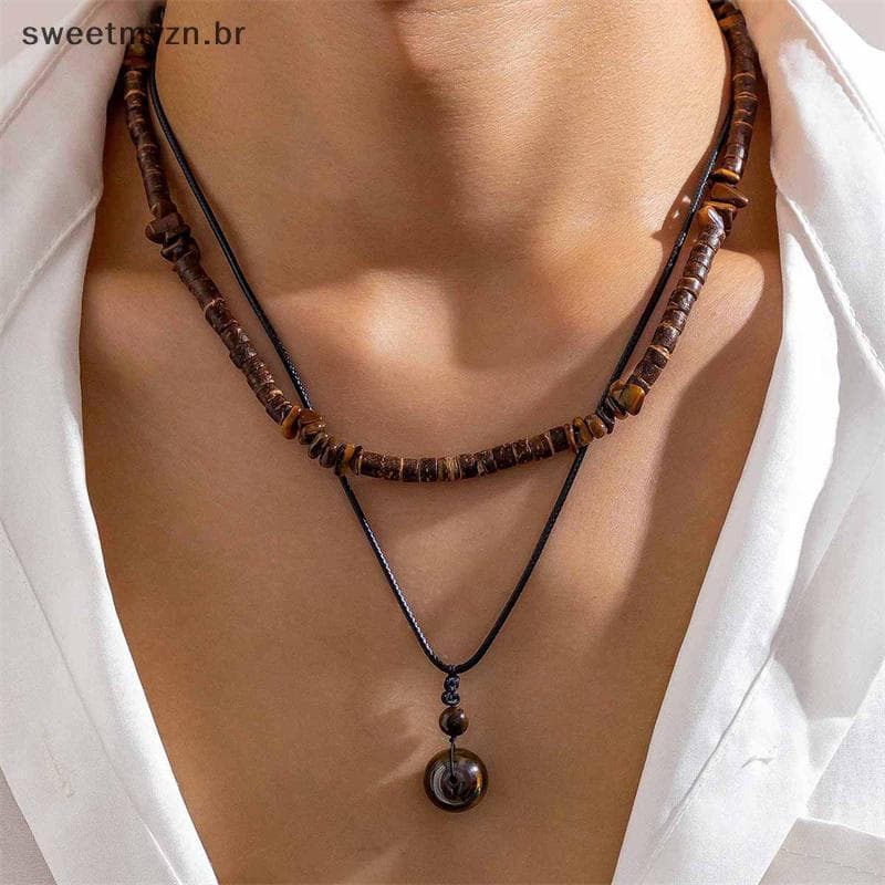 sweetmvzn 2 Pçs/set Pingente De Pedra Natural Nelace Para Homens Contas De Madeira Vintage Fio De Cera De Pele Gargantil