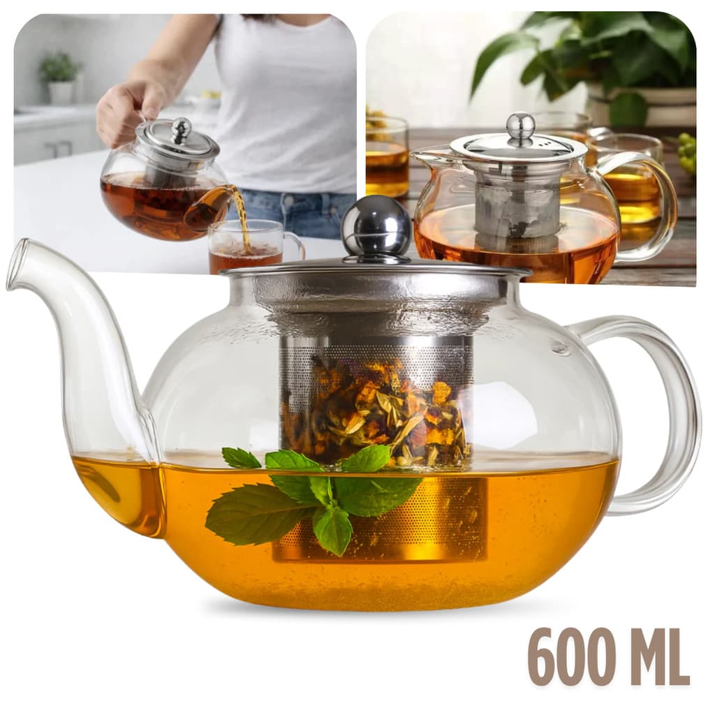 Chaleira Bule De Vidro Com Infusor Inox Chá Café 600ml