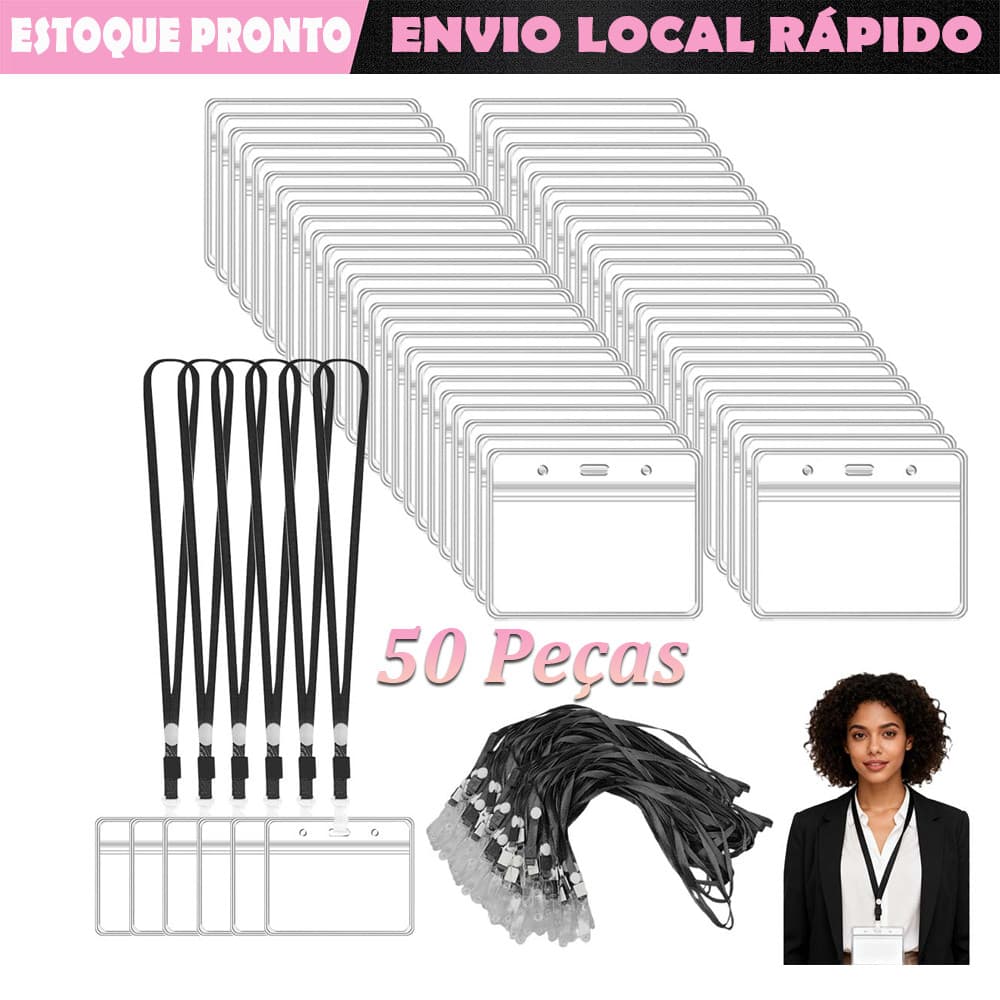 50pçs porta-crachás de identificação com preto cordão porta-crachás de plástico selável à prova d'água horizontal padrão