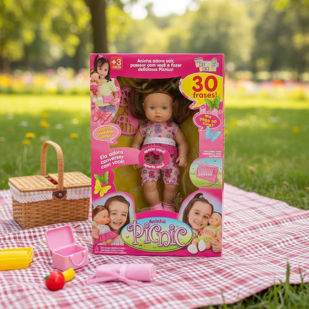 Boneca Aninha Picnic Fala 30 Frases C/ Bolsinha E Toalha