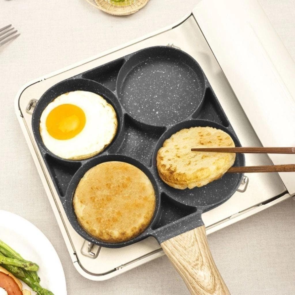 Frigideira Multifuncional Antiaderente 4 em 1 Ovos Hambúrguer Omelete Com Alça De Madeira
