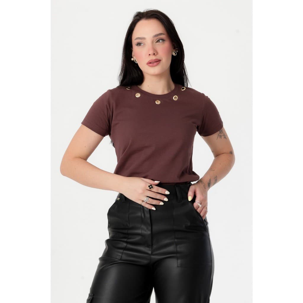 BLUSA FEMININA T-SHIRT ILHOS DOURADO PREMIUM 100% ALGODÃO CASUAL LEVE E CONFORTÁVEL
