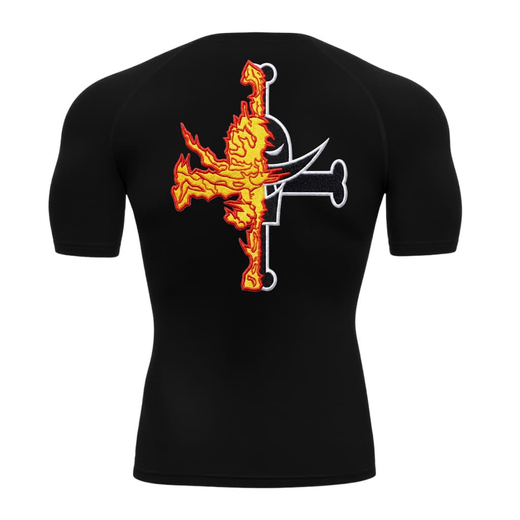 Camiseta Compressão Manga Curta Anime One Piece Caveira Barba Branca Estilo Bordado Rash Guard