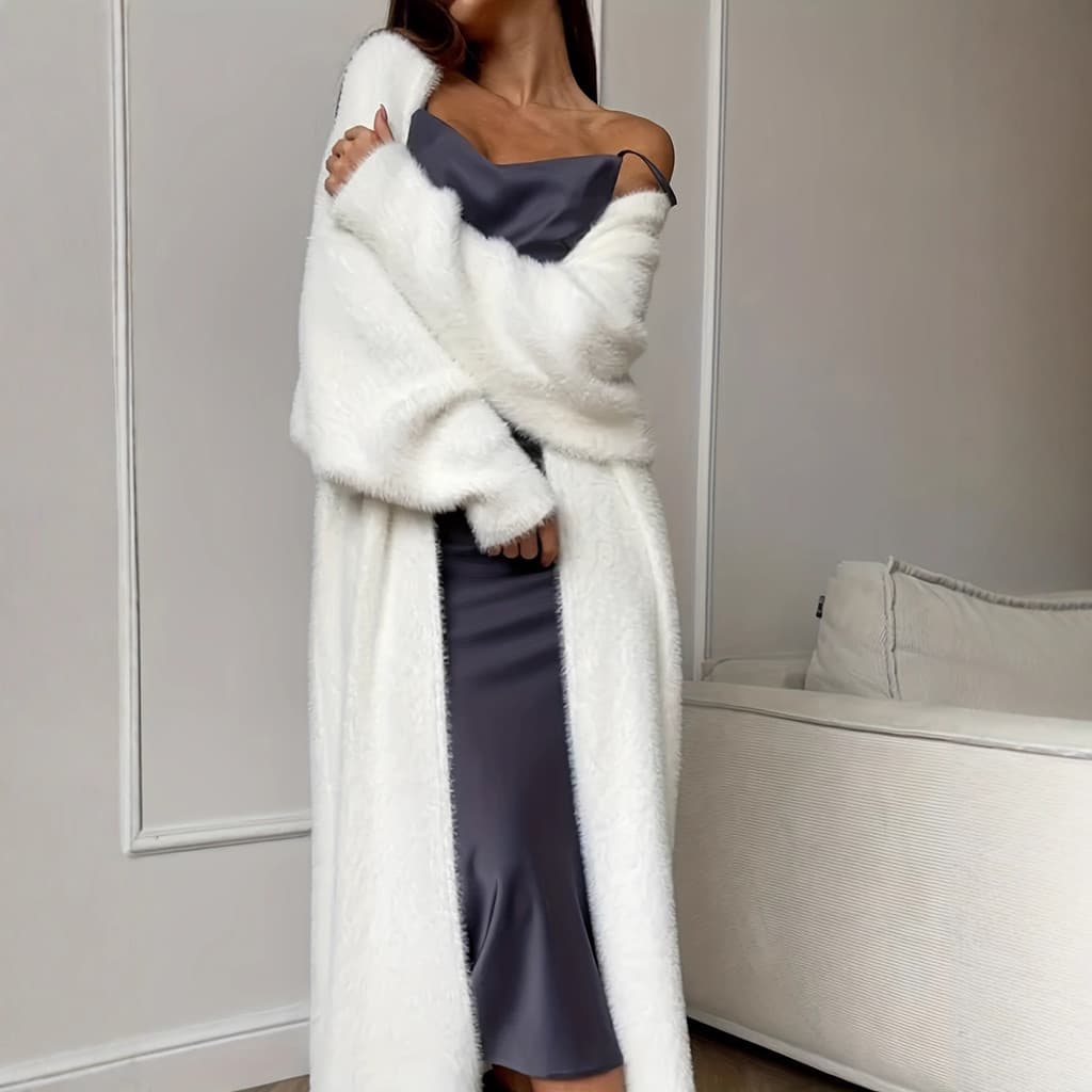 Cross-Border falso vison branco malhas cardigan casaco feminino outono inverno solto pelúcia fofo longo cardigan