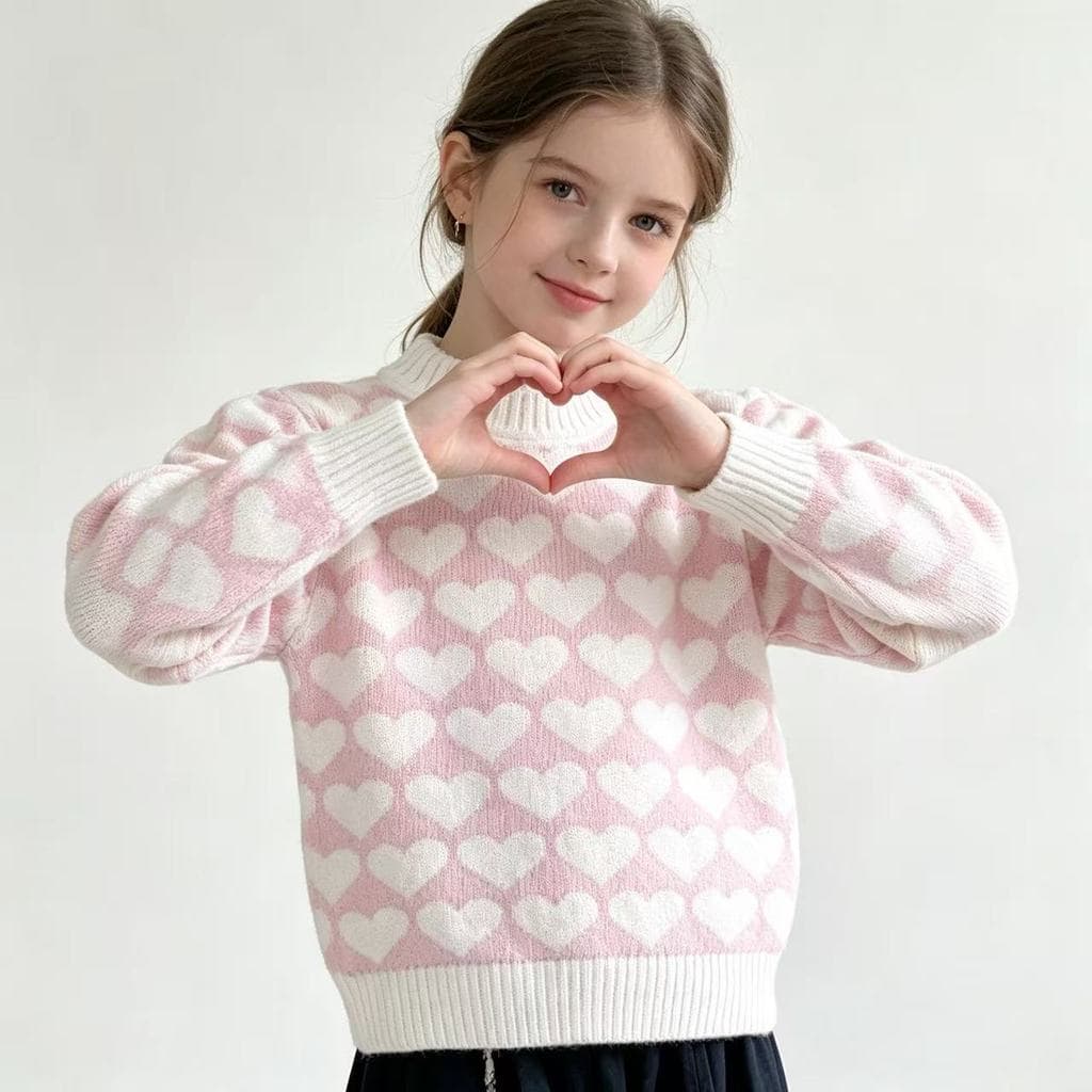 Nova blusa de tricô infantil para meninas, design em forma de coração, aquecedora