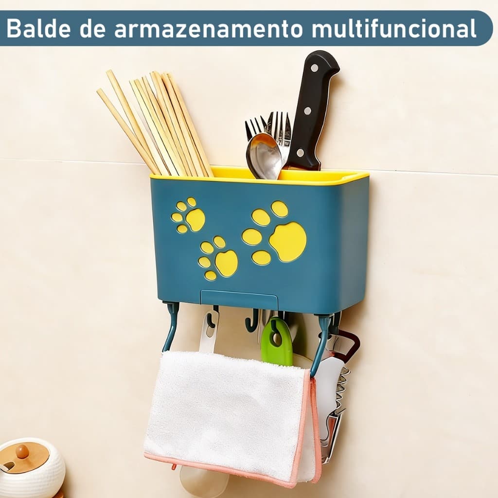 Organizador de cozinha com suporte para celular espaço para guardar utensílios de mesa e escorredor