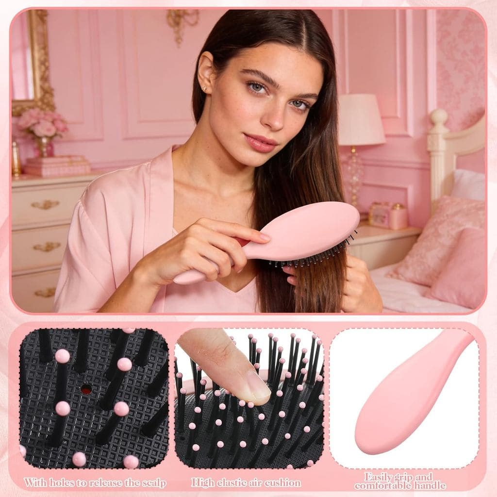 5 Pçs Escovas De Cabelo Rosa Para Mulheres Conjunto De Pente Escova Desembaraçadora Homens E Molhado , Seco ,