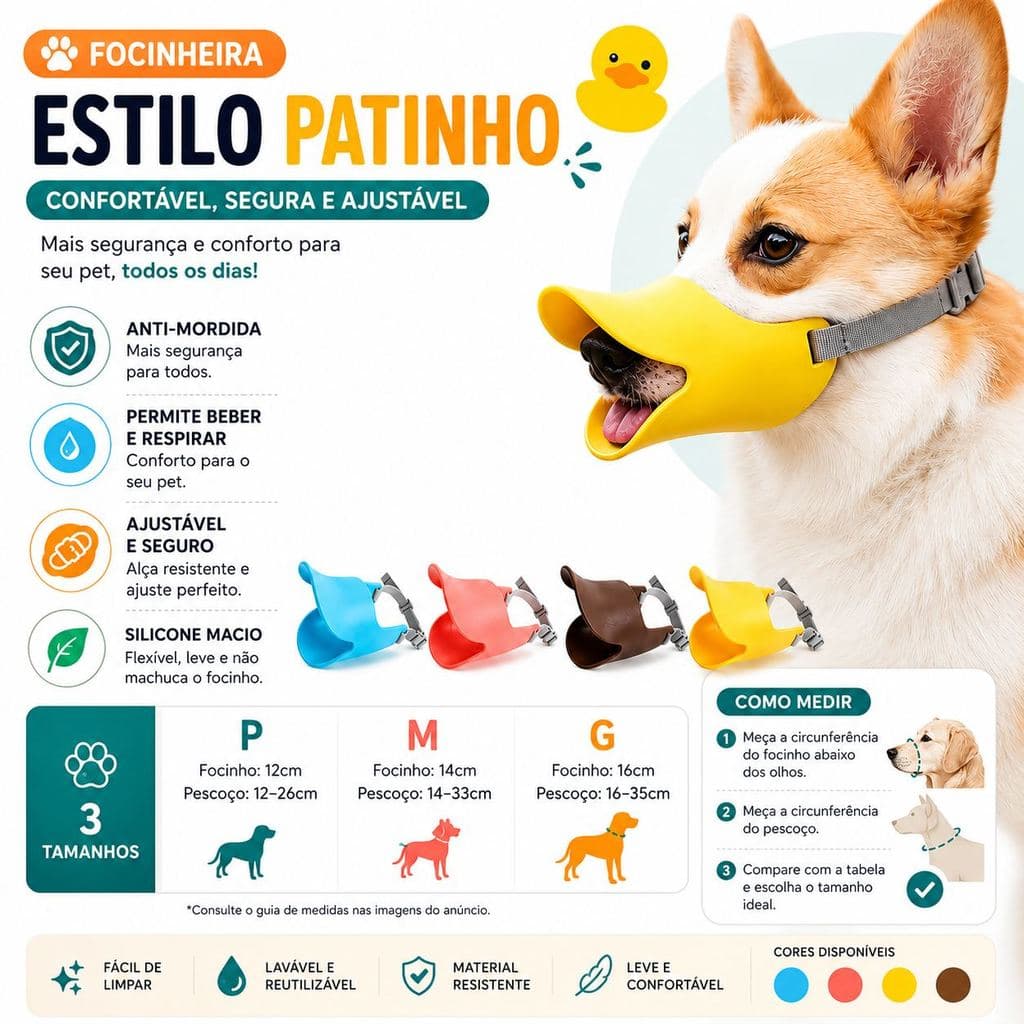 Focinheira Anti Mordida para Cachorro Silicone Ajustável Estilo Pato Confortável Segura para Cães P M G Pet