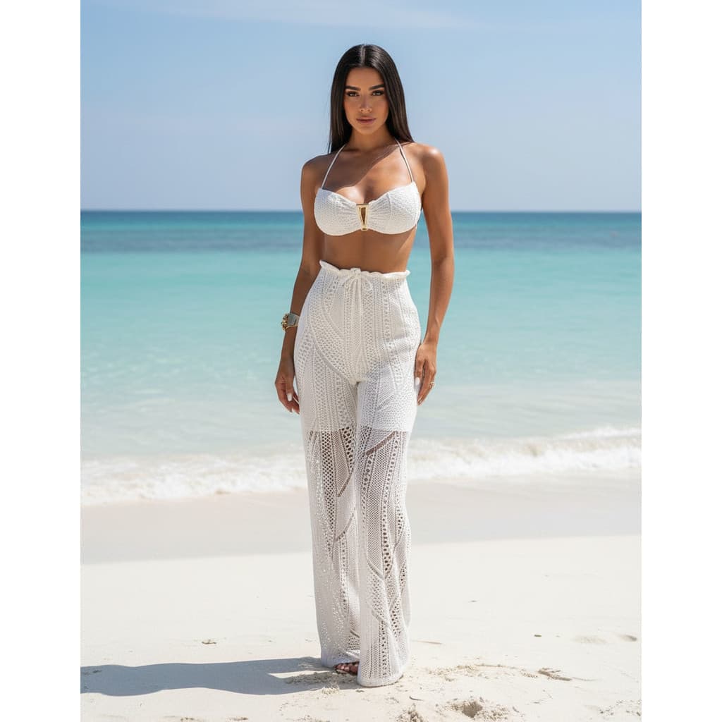 Conjunto Feminino Tricot Calça Pantalona E Top Crochê Saída De Praia Verão 2026 - 3447