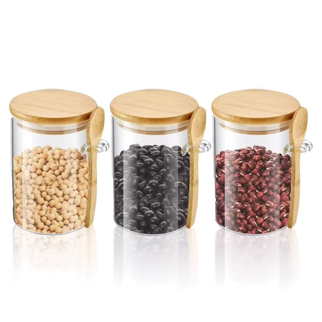 Kit Pote Hermético Pote De Vidro Com Tampa de Bambu e Colher 250ml Redondo Organizador De Cozinha