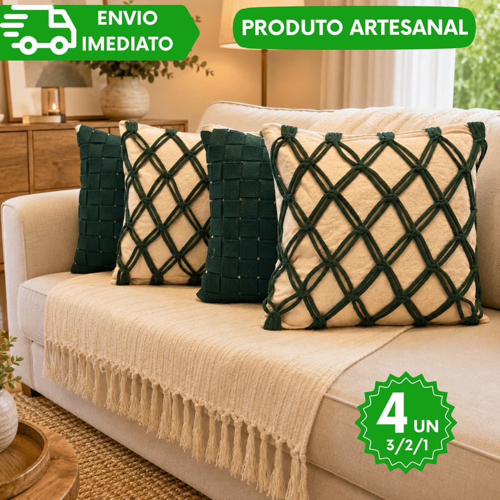 Capas de Almofadas Artesanal Decorativa Cru e Verde em Macramê para Casas  Modernas e  Aconchegantes