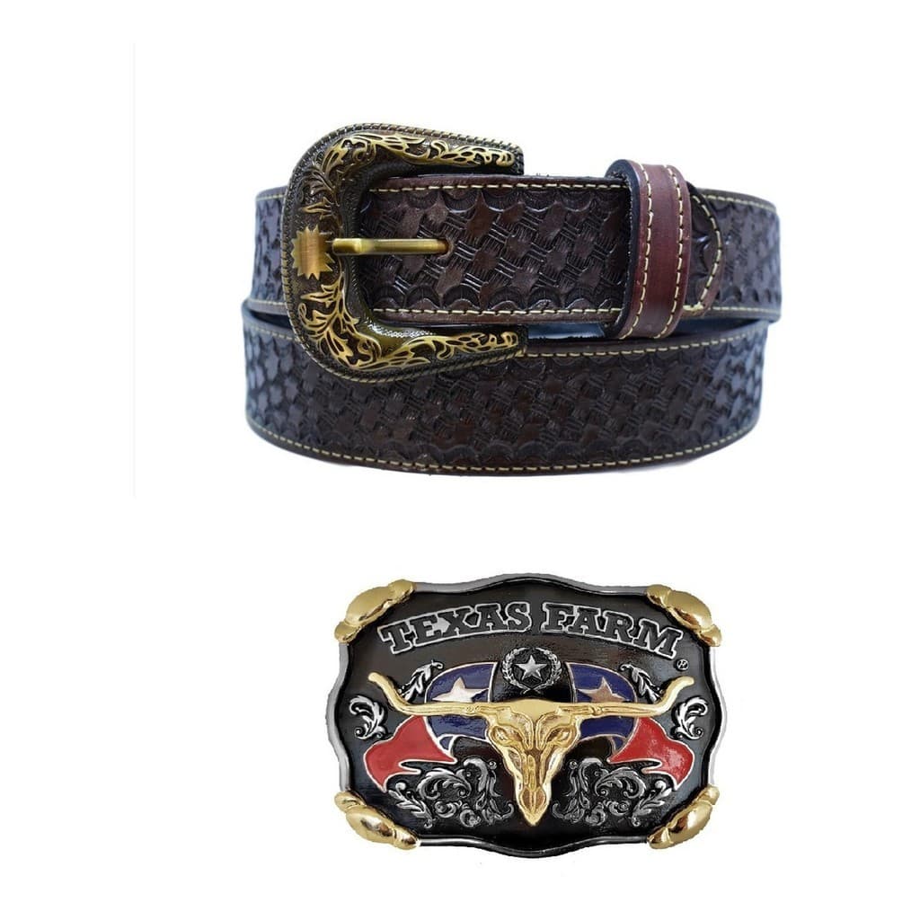 Kit Cinto Country Entalhado Couro Legítimo + Fivela Cowboy Texas Farm