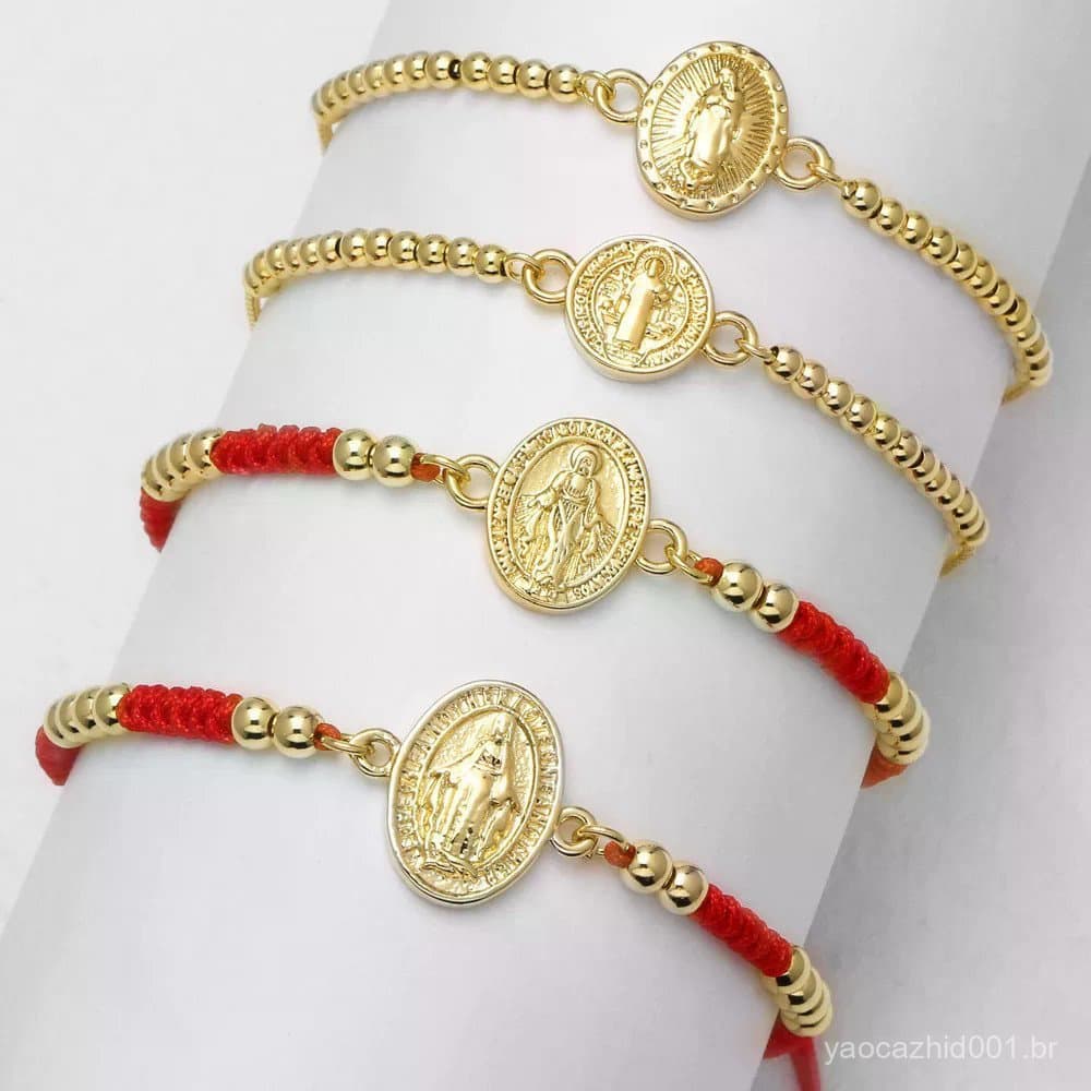 Pulseira Feminina de Virgem Maria Banhada a Ouro com Corrente de Contas de São Bento Amuleto Joia brtn57