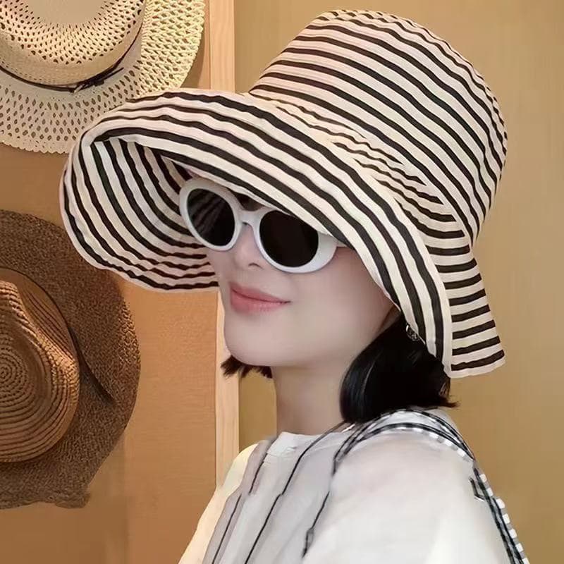 Chapéu de sol feminino de aba larga com listras e blocos de cor, proteção UV para atividades ao ar livre no verão, prote