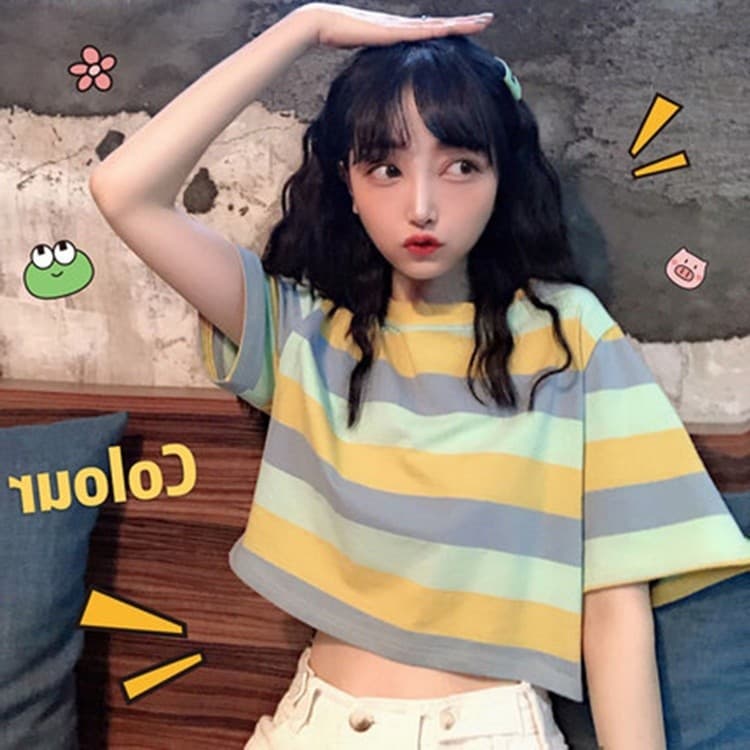 2019 verão novo estilo solto arco-íris listrado de manga curta camiseta feminina estilo Hyuna estudante curto umbigo top