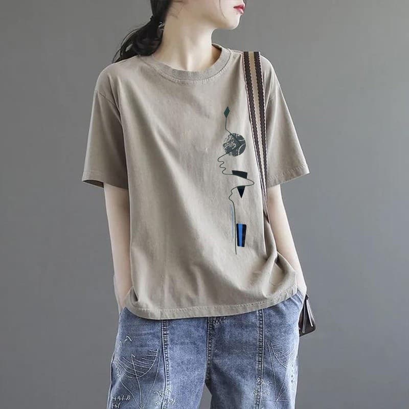 Camiseta de manga curta feminina em torno do pescoço solto 2025 verão novo estilo versão coreana tamanho grande manga cu