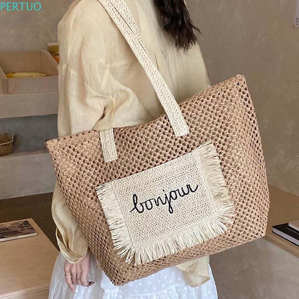 Bolsa Tote De Palha PERTUO , De Ombro De Deslocamento Em Cor Contrastante Doce Leve Para Férias À Beira-Mar