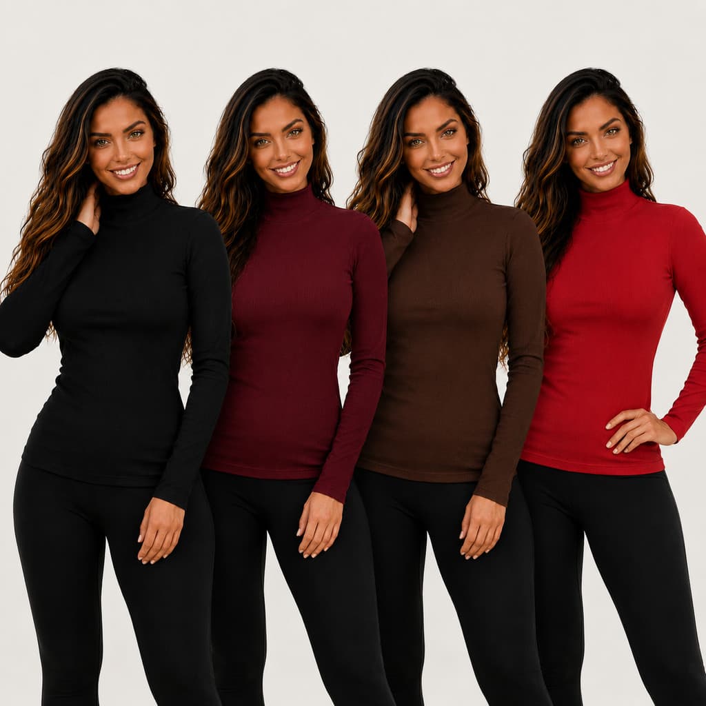 Kit 4 Blusinha Frio Feminina Manga Longa Elegante Gola Alta Malha Ribana Canelada Roupa Básica Moda Aconchegante Frio