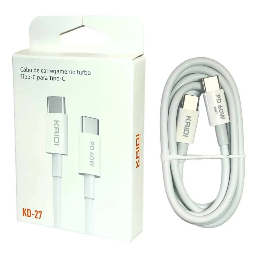 Cabo Kaidi-kd-27 - Usb-c -1m Branco- 60w- Tipo-c Para Tipo-c