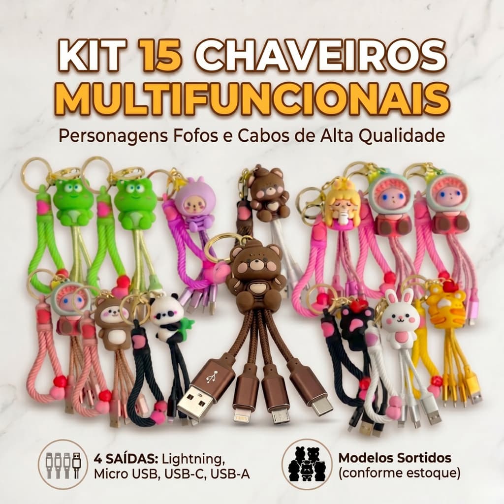 Kit 15 Chaveiros Personagem Com Cabo De Dados E Carga Rápida Sortidos 4 em 1