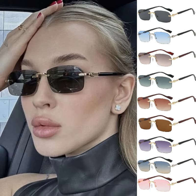 Vintage Sem Aro Quadrado Óculos De Sol Feminino Para Homens Marca Luxo Designer Punk Metal Rebite Grão Perna UV400