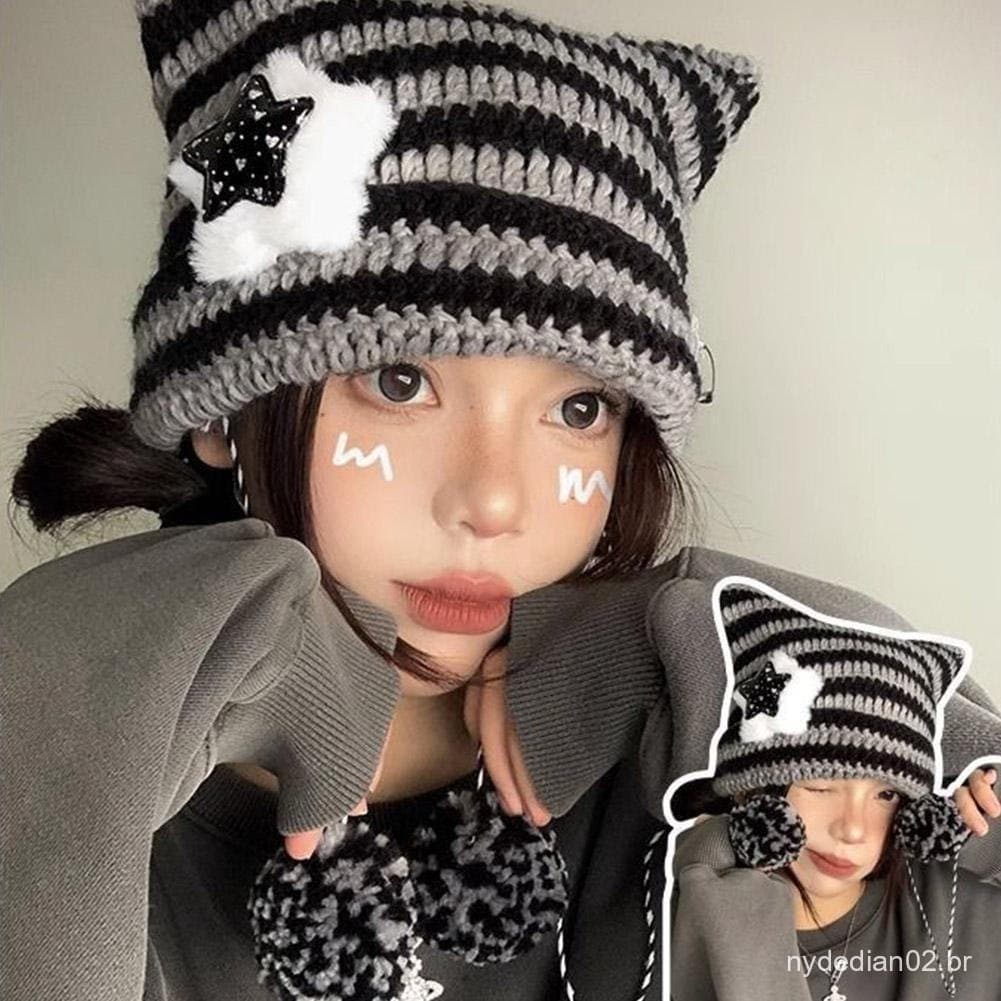 Novo Japonês Harajuku Y2k Estrela Pequeno Diabo Listrado Gorros Chapéu Feminino Meninas Outono Inverno Quente Y2