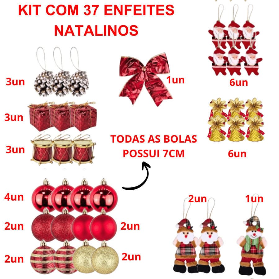 Kit Com 37 Peças De Enfeite Natalino Sortido Com Bola Laço Sino Papai Noel Enfeite Tecido E Diversos