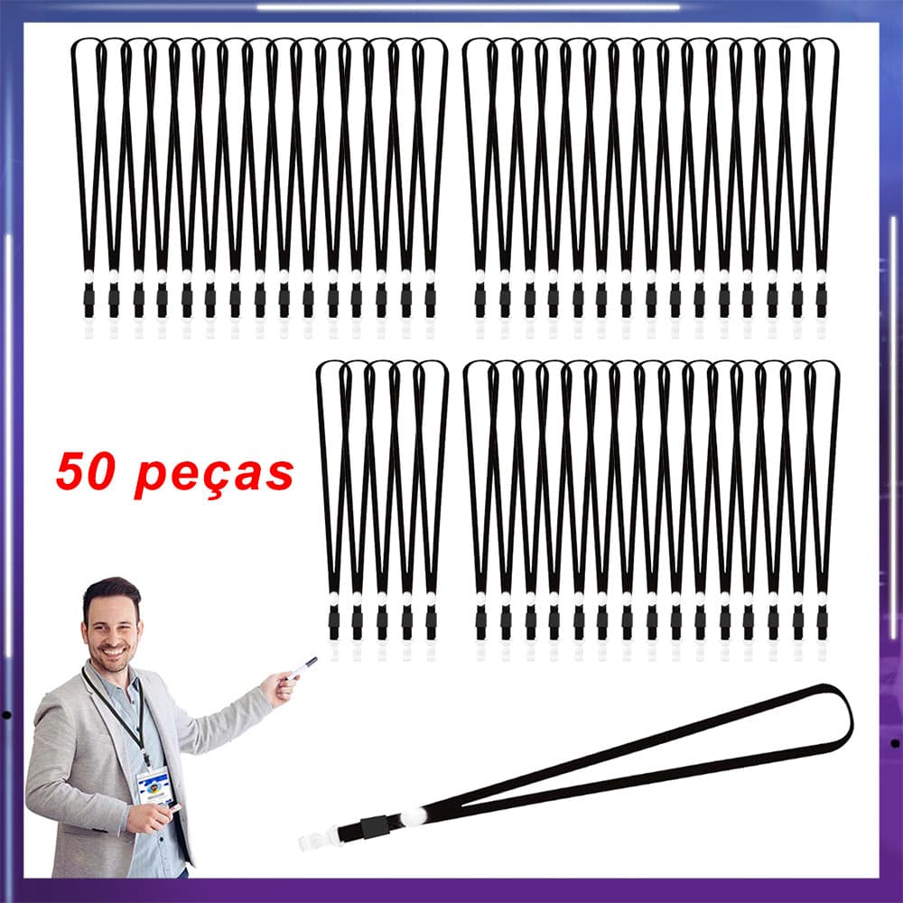 50 peças Cordão segurança com cordão plano de gancho,para crachás de identidade,cartões de visita,estudantes,preto,45 cm