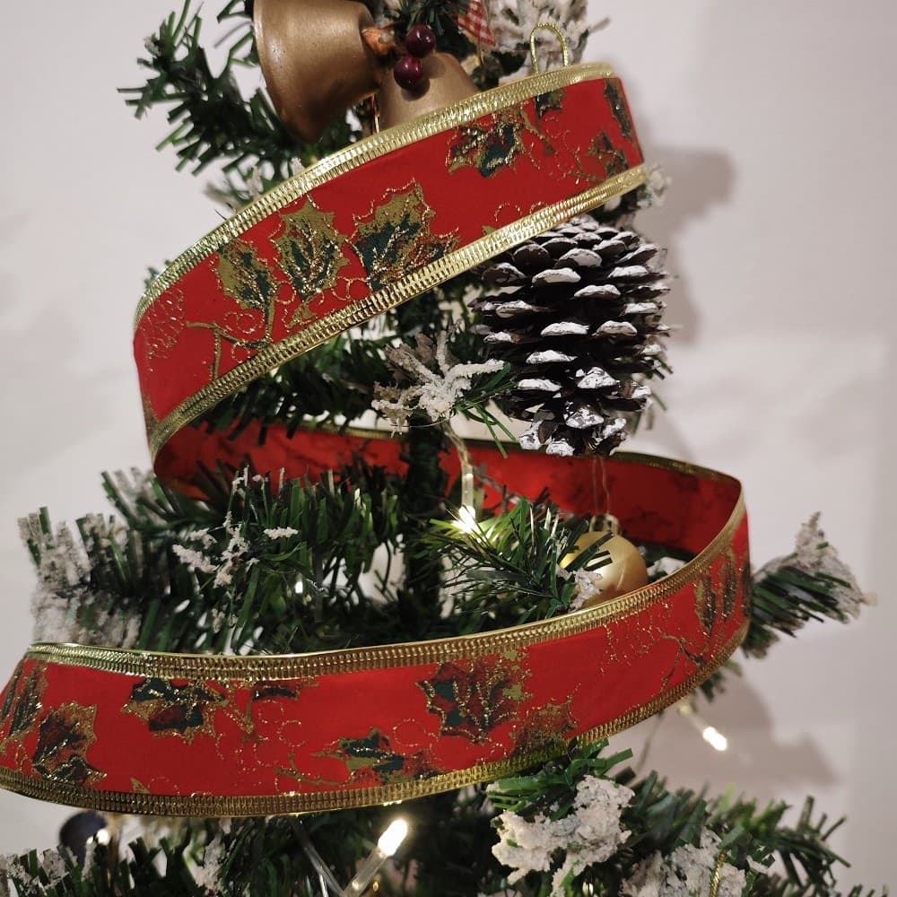 FITA ARAMADA VERMELHA VELUDO ARABESCO 2 METROS 38MM NATAL DECORAÇÃO PRESENTE ÁRVORE FRUTAS FOLHAS 1317520