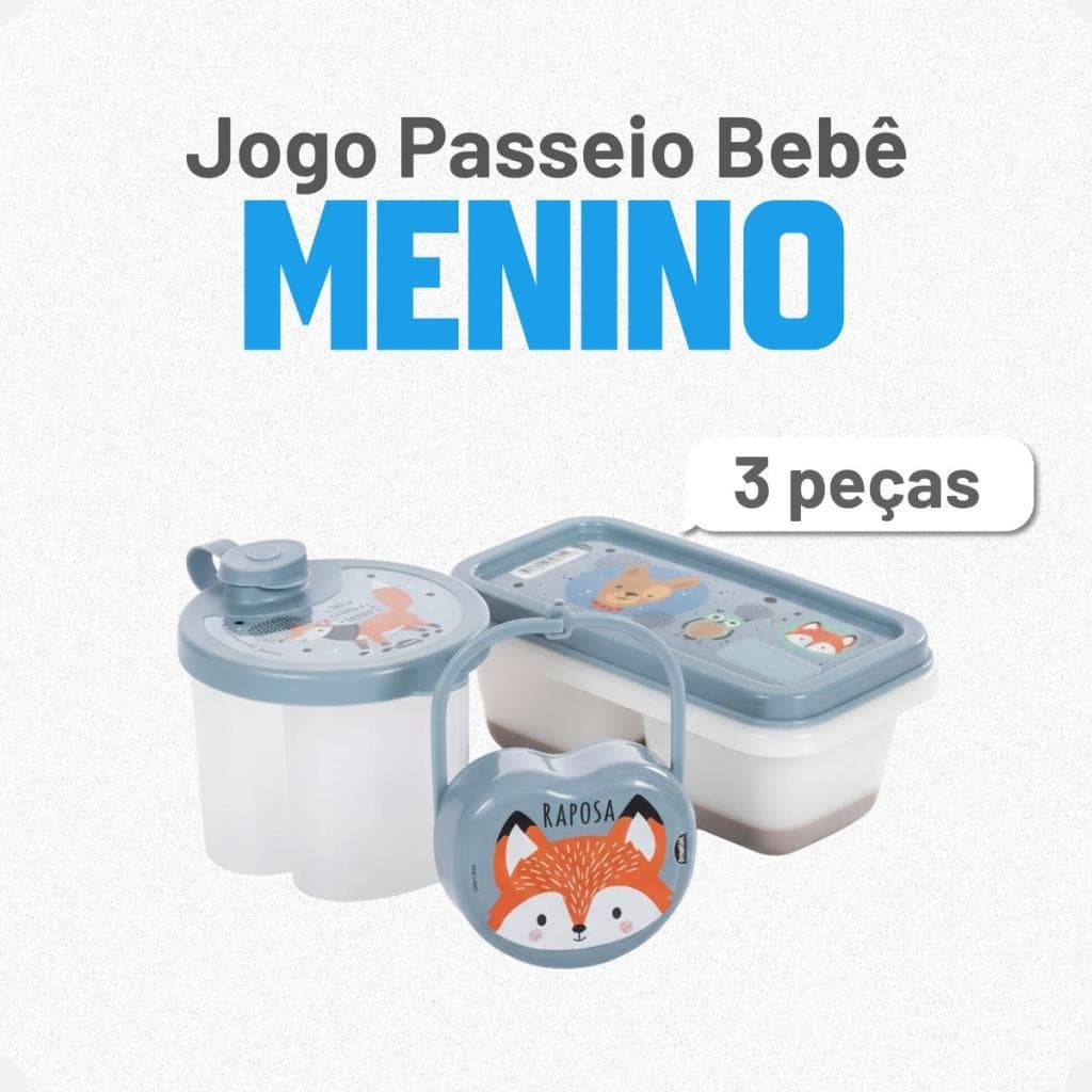 Kit Bebê Azul Menino Dosador Leite Pó 300ml Porta Chupeta Alça Porta Papinha Duplo 70ml