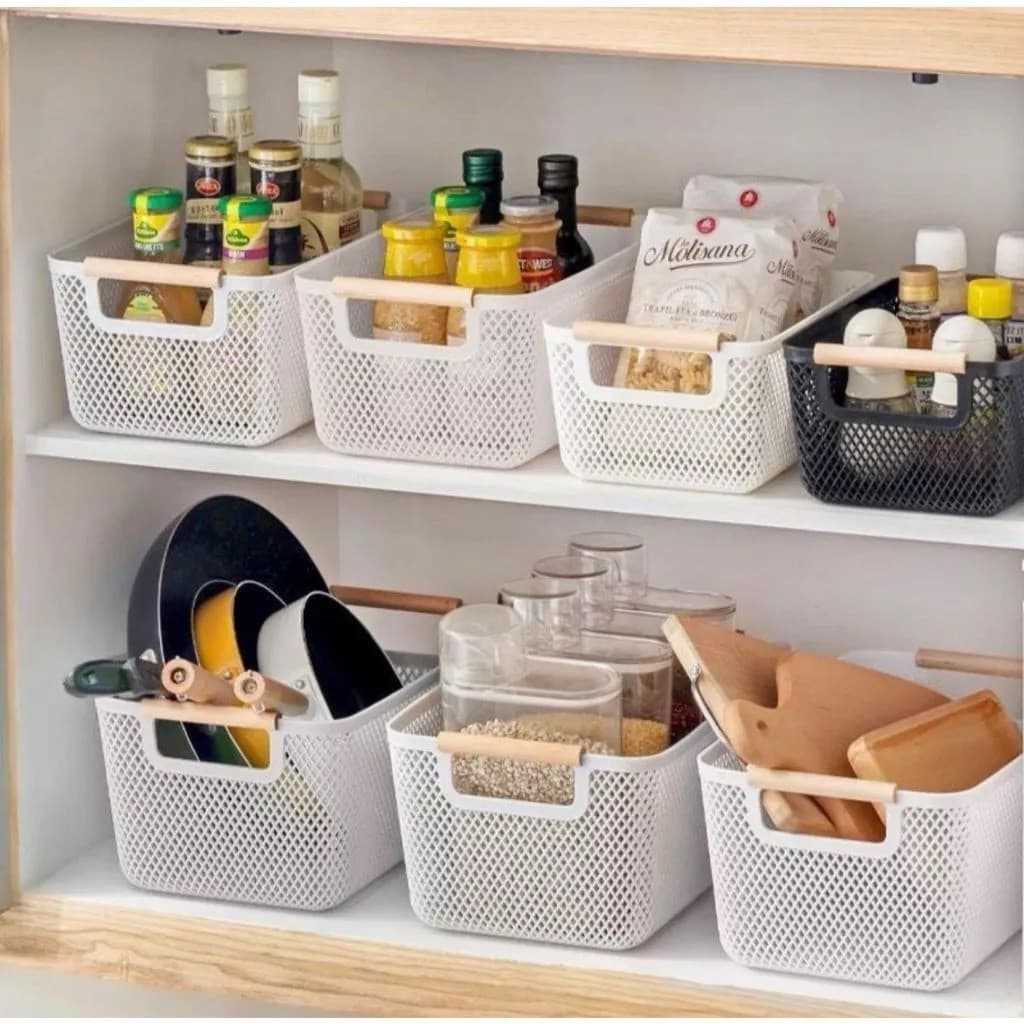 Cesto Organizador de Plástico com Alça de Bambu – Preto ou Branco, Tamanhos  Cozinha Banheiro