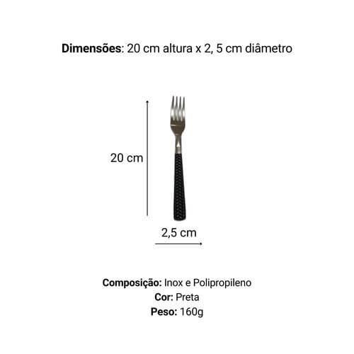Kit 6 Garfo Mesa Inox Resistente Cabo Preto Linha Gramado Design Moderno Duravel
