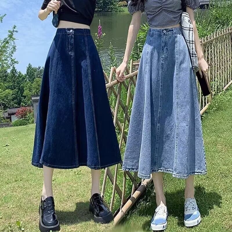 Saia jeans meio comprimento saia feminina de comprimento médio A linha saia 2024 saia guarda-chuva alta saia grande bain