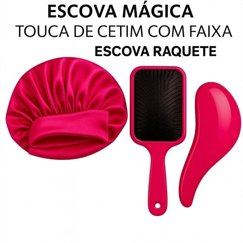 Kit Capilar Completo Escova Raquete + Escova Mágica Touca de Cetim com Faixa Cores Sortidas