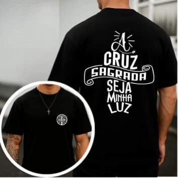 [Camiseta Premium em Algodão Puro]CC Camiseta Religiosa T-Shirt Católica Cruz Sagrada Medalha de São Bento Camisa