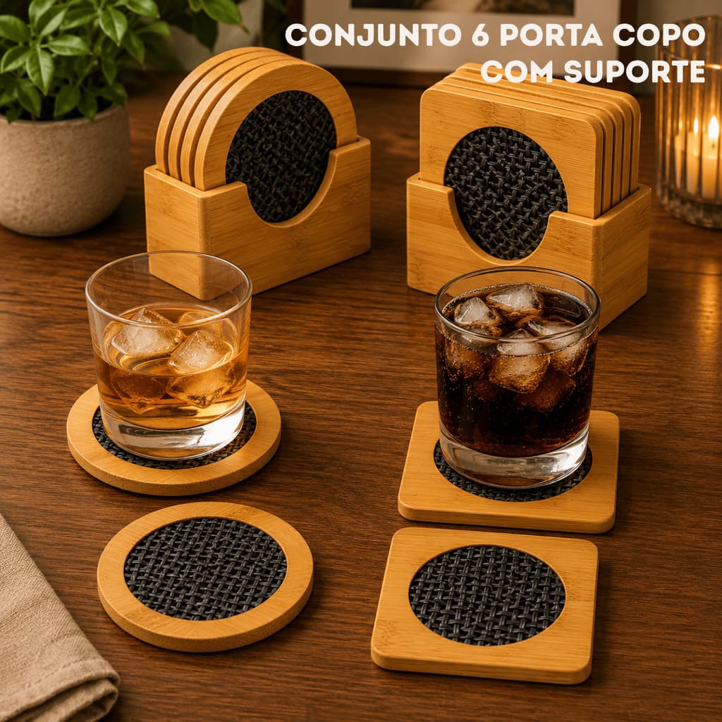 Kit Porta Copo 6 ou 12 Peças + Suporte MDF Redondo Quadrado Descanso Copo Mesa Cozinha Bar Restaurante Decorativo Bambu
