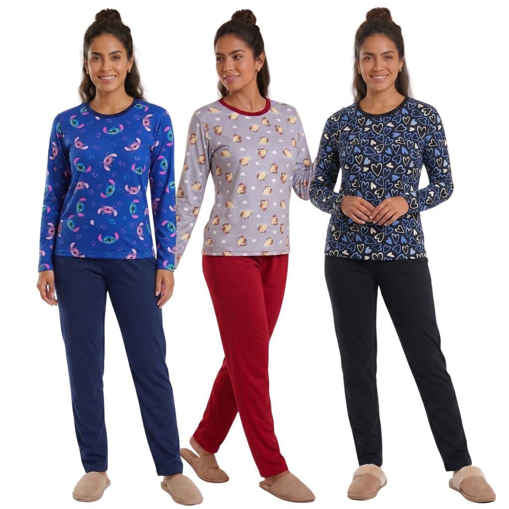 Pijama Feminino de Suede Estampado / Pijama Longo / Pijama de Inverno