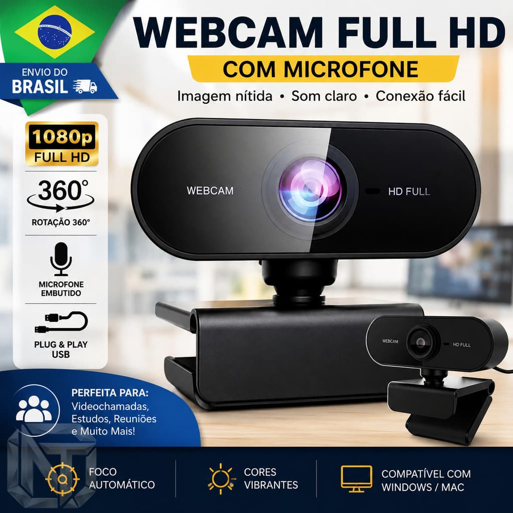 Webcam Full HD 1080p Microfone Integrado USB PC Notebook Home Office Aula Online Fama Variedade