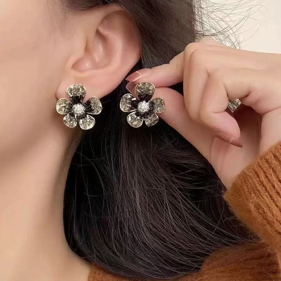 Brincos de flor de cinco pétalas de cristal preto personalidade de alta qualidade estilo legal brincos de flor temperame