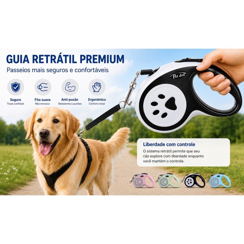 Coleira Guia Retrátil com Trava Premium para Cães e Gatos – 3 Metros